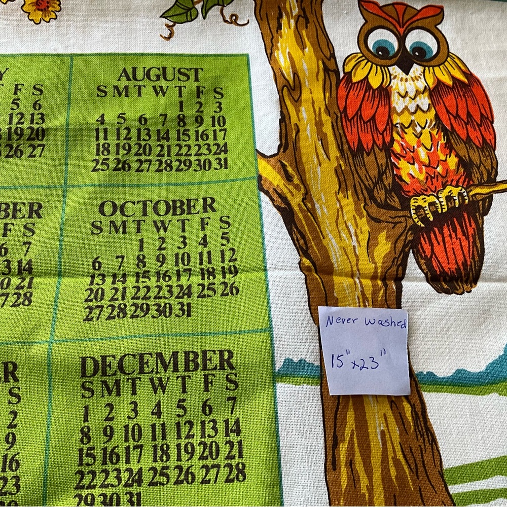 Vtg Tea Towel Calendar Owls In Tree Give Thanks Fruits Flowers Mushrooms - Picture 8 of 9